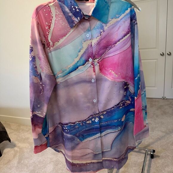 3-💼 Casual Marble Watercolor Print Long Sleeve Button Down Shirt. - Picture 3 of 9